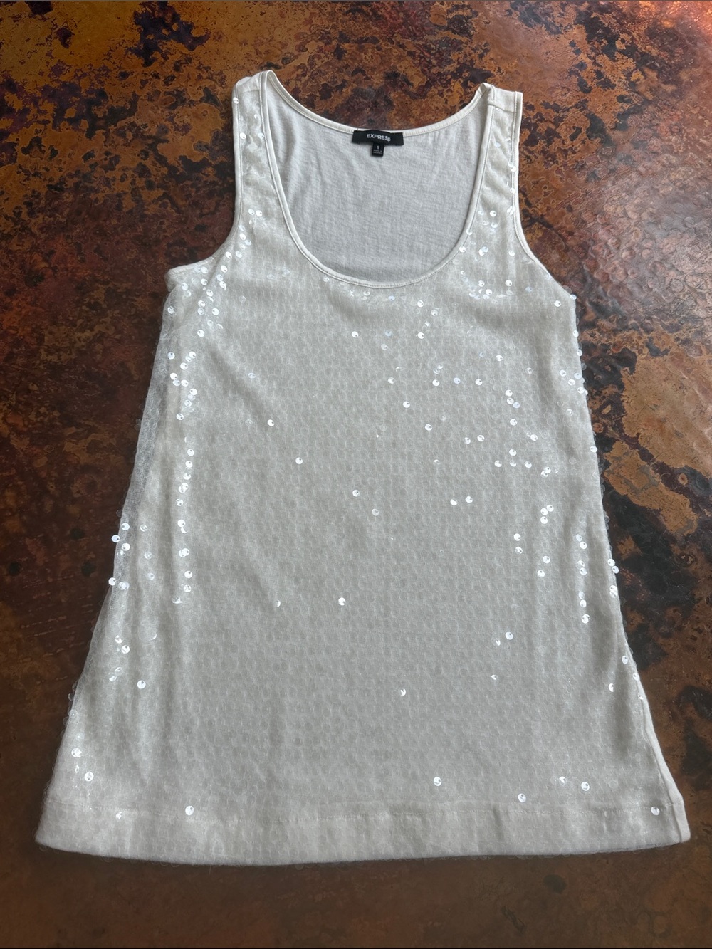 Express White Sequin (Front) Scoop Neck Cotton Tank Top -Small